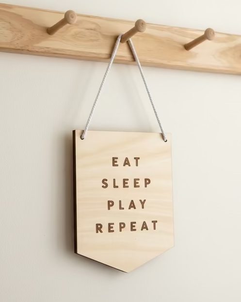 Hanging Wooden Laser Engraved Playroom Sign made in our Byron Bay Workshop