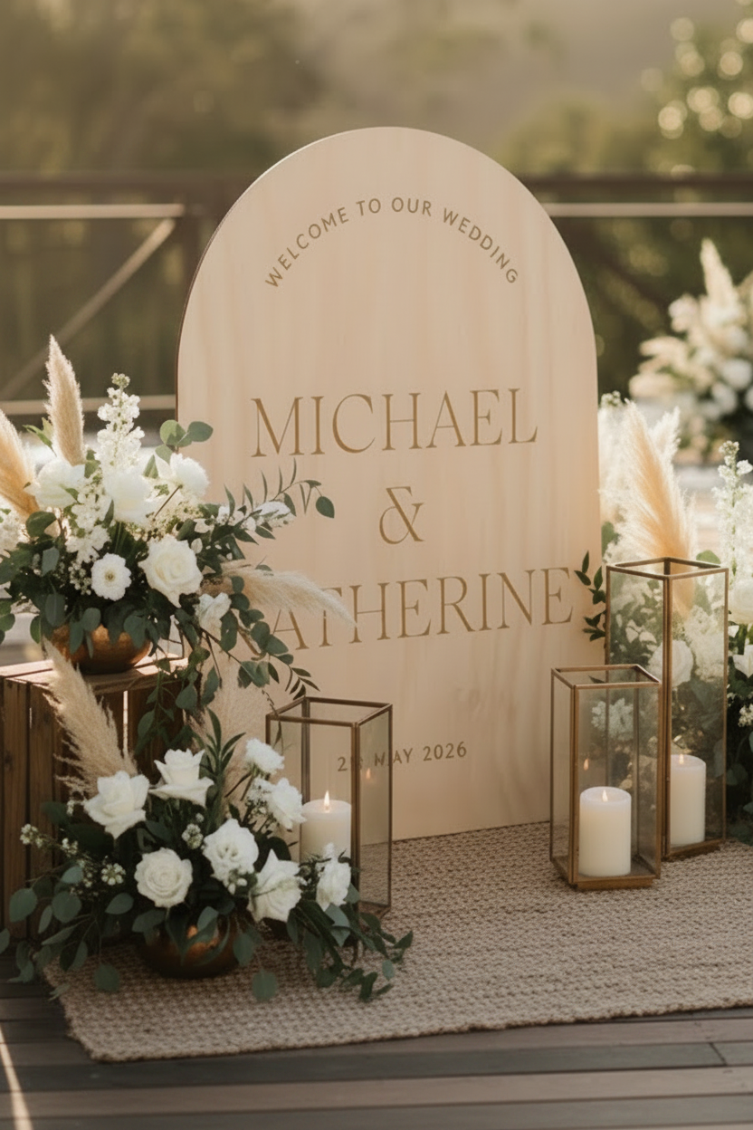 Large Arched Timber Wedding Welcome Sign