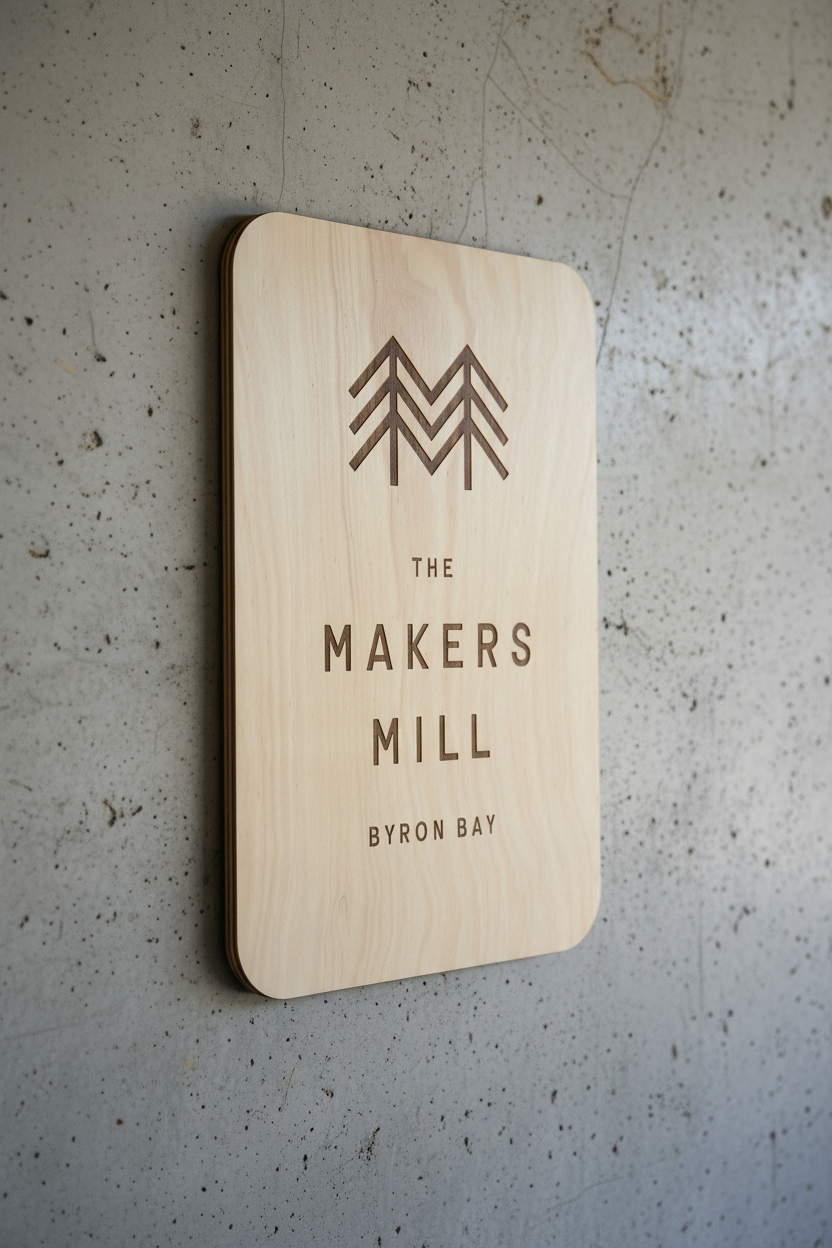 business signage, wall sign, timber sign, shop signage, wood sign, australian made, sustainably sourced queensland hoop pine. made in byron bay workshop