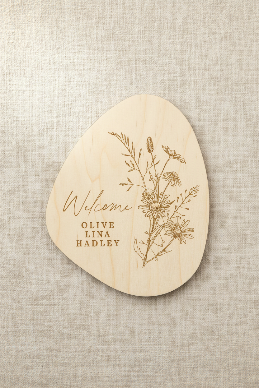 A beige irregularly shaped stone-like plaque or sign on a white background, featuring the word 'Welcome' in script and the names 'OLIVE LINA HADLEY' in stacked serif text, with a delicate floral line drawing in the center.