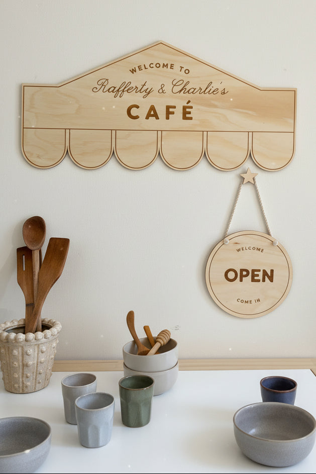 kids playroom sign, pretend play kids cafe, custom timber engraved signage