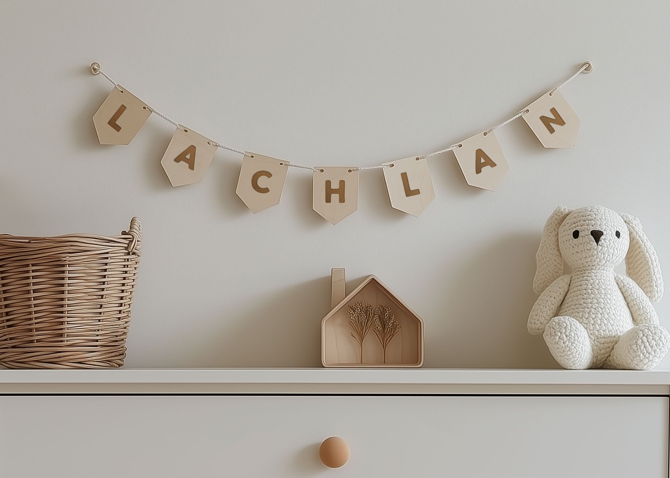 personalised wooden name bunting, bunting, laser engraved bunting, nursery garland, bunting flags