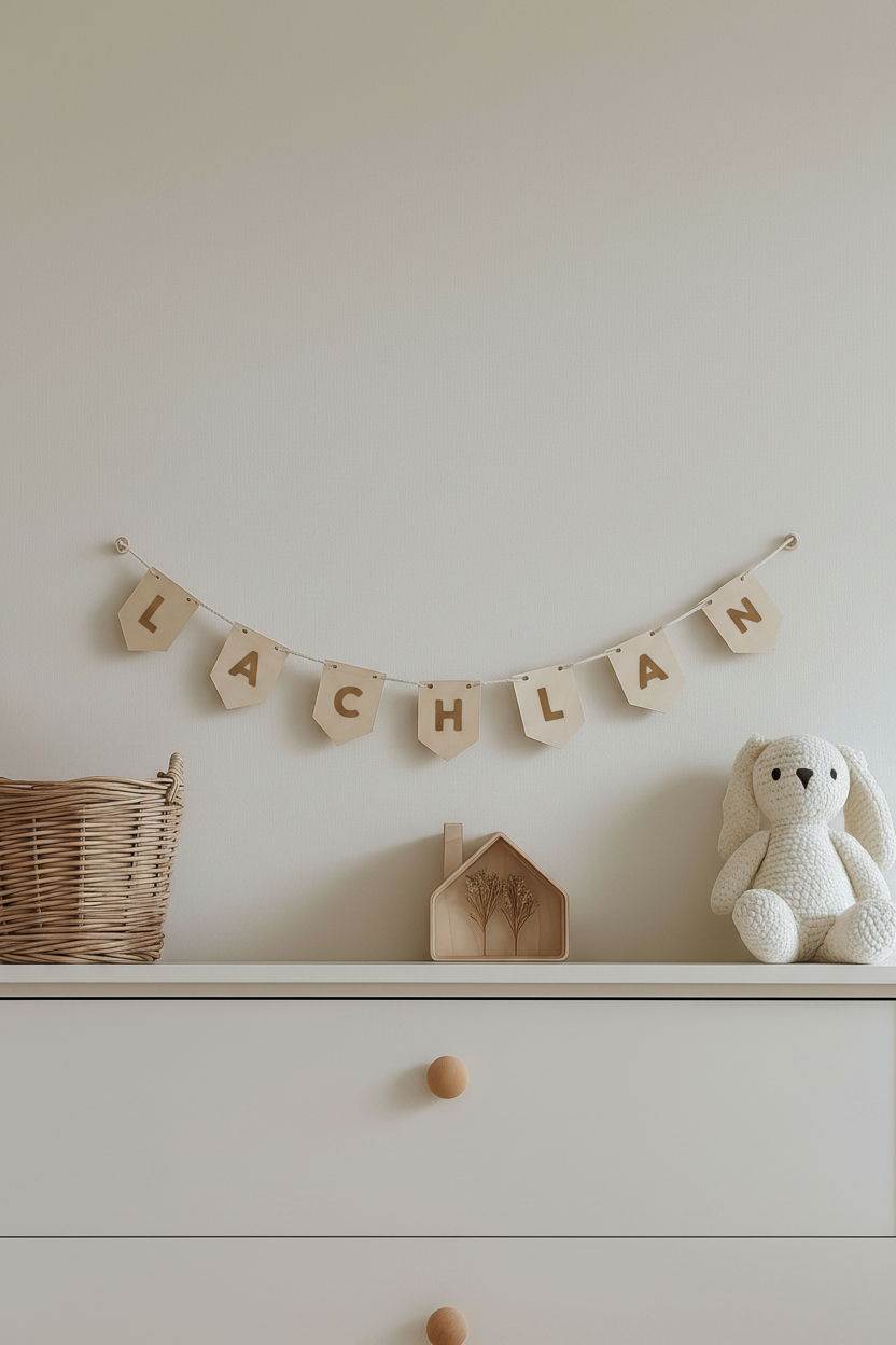 personalised wooden name bunting, bunting, laser engraved bunting, nursery garland, bunting flags