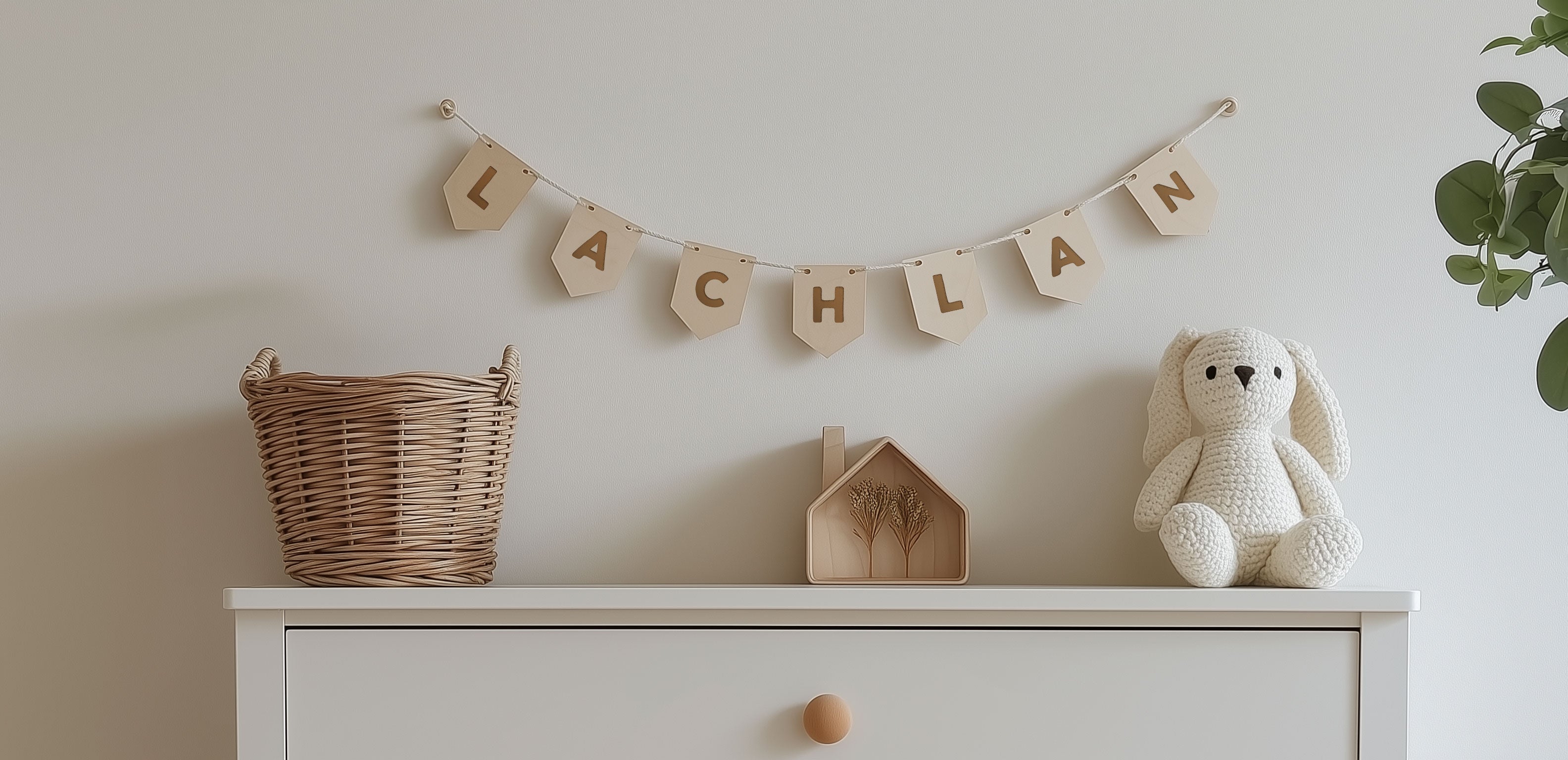 personalised wooden name bunting, bunting, laser engraved bunting, nursery garland, bunting flags