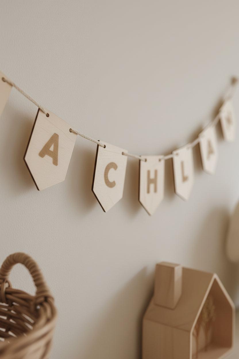 personalised wooden name bunting, bunting, laser engraved bunting, nursery garland, bunting flags