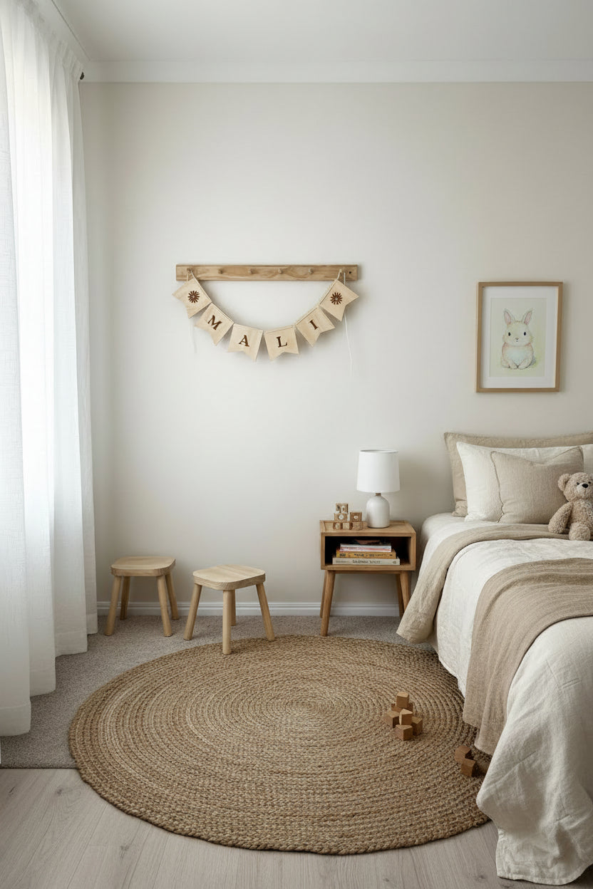 wooden personalised name bunting, custom laser engraved signs, nursery decor, made in byron bay Australia