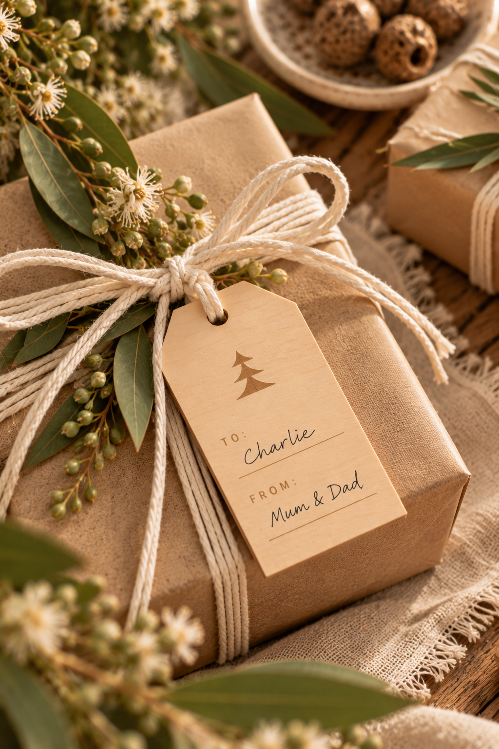 Timber Engraved Christmas To & From Gift Tags – Set of 10_Close up_GiftWrapping