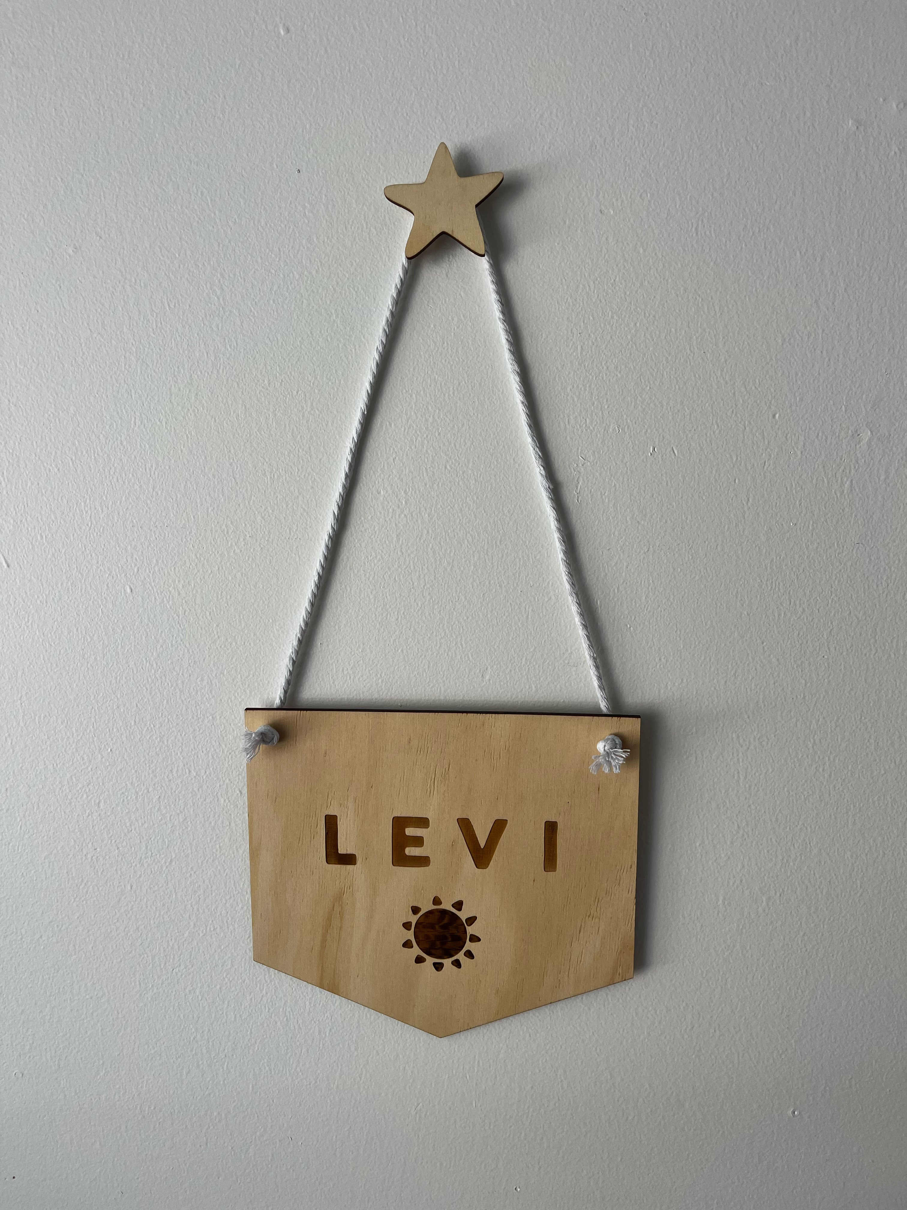 personalised kids room hanging name sign, laser engraved timber