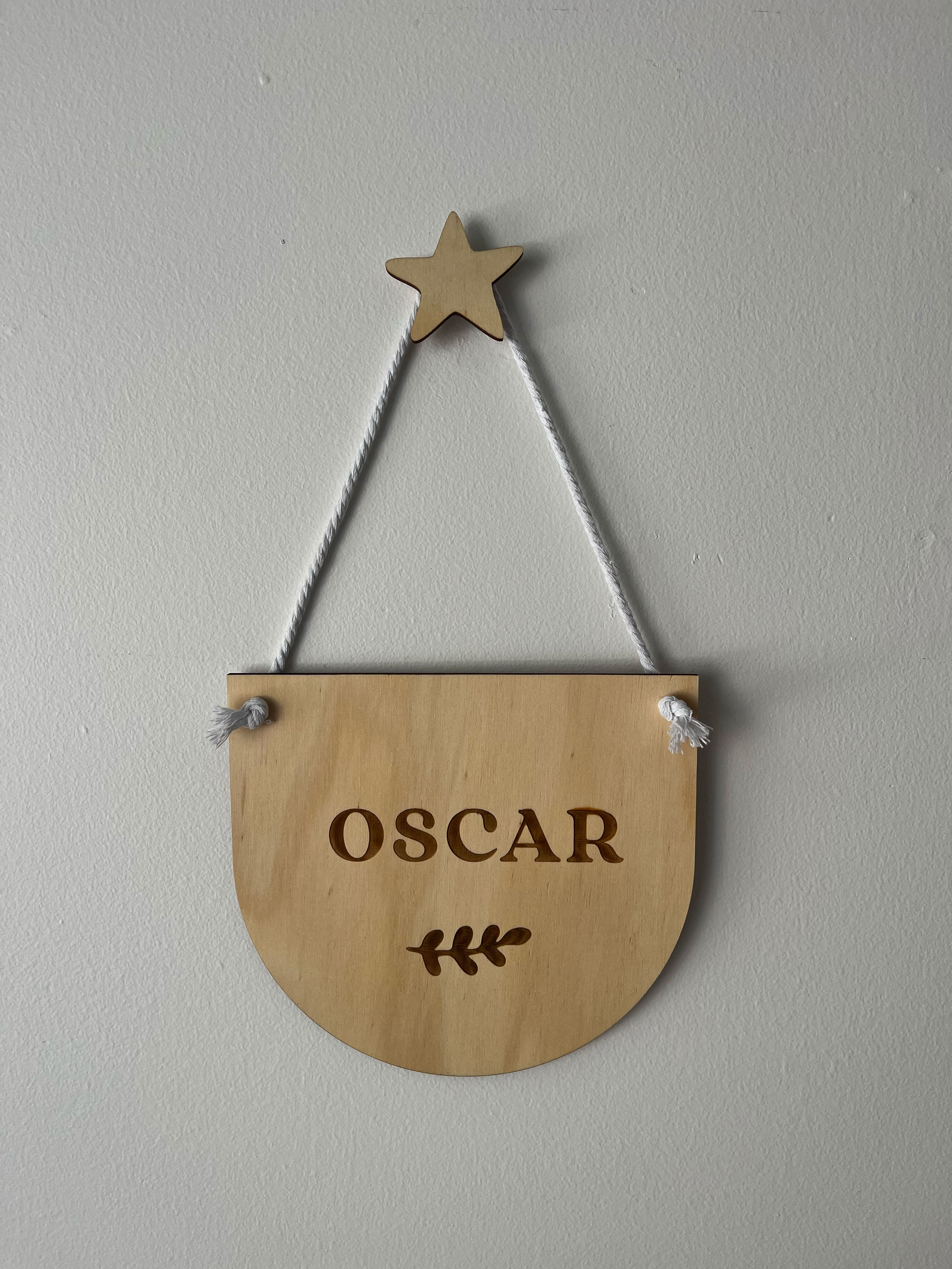 personalised kids room hanging name sign, laser engraved timber