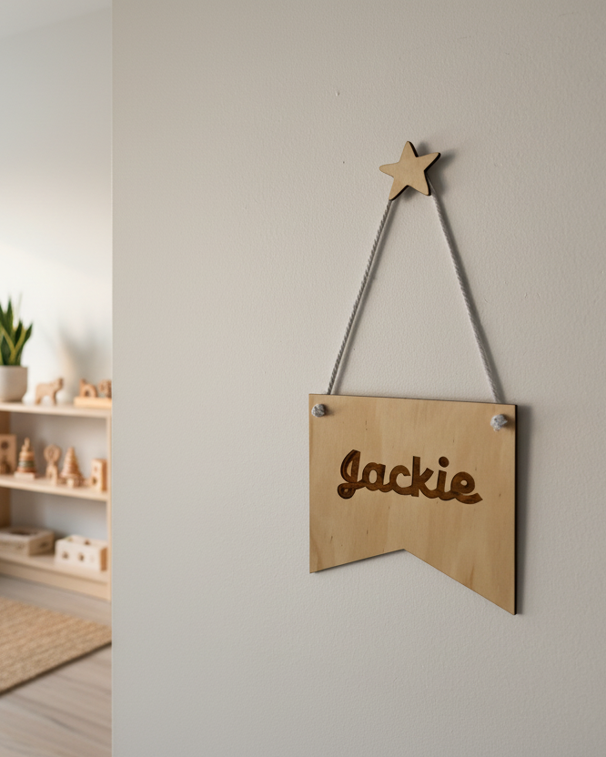 personalised kids room hanging name sign, laser engraved timber