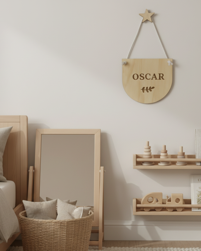 personalised kids room hanging name sign, laser engraved timber