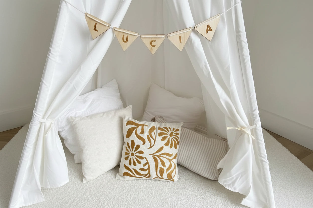 wooden personalised name bunting, custom laser engraved signs, nursery decor, made in byron bay Australia