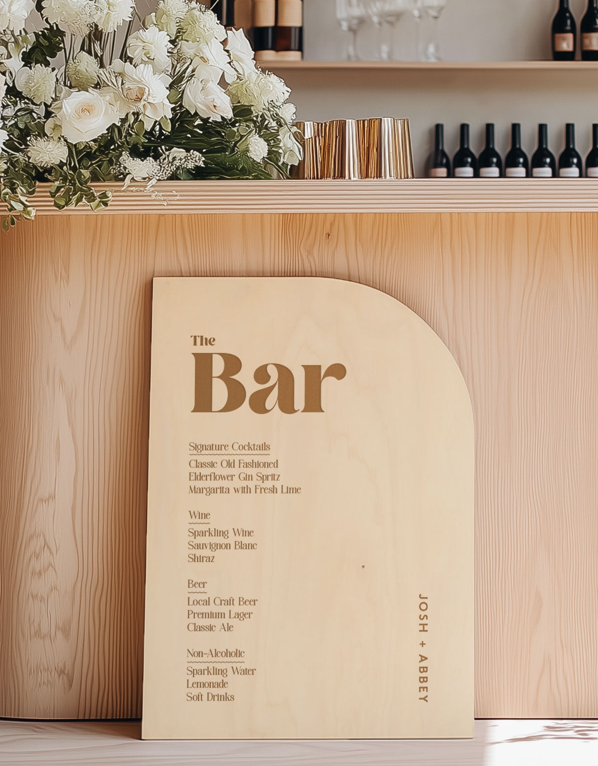 wooden bar menu, wedding signage, bar sign, laser engraved timber