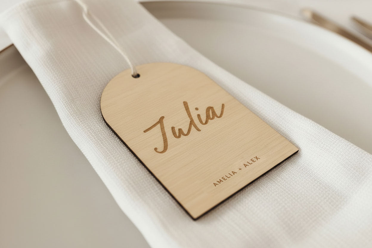 laser engraved wedding details, wedding table placecards