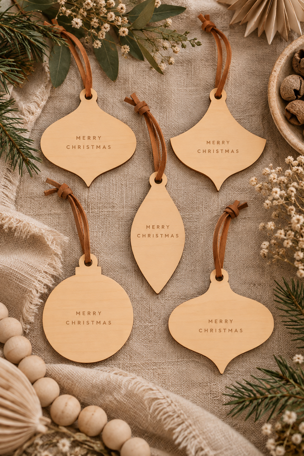 Wooden Engraved Merry Christmas Ornaments Set of 5
