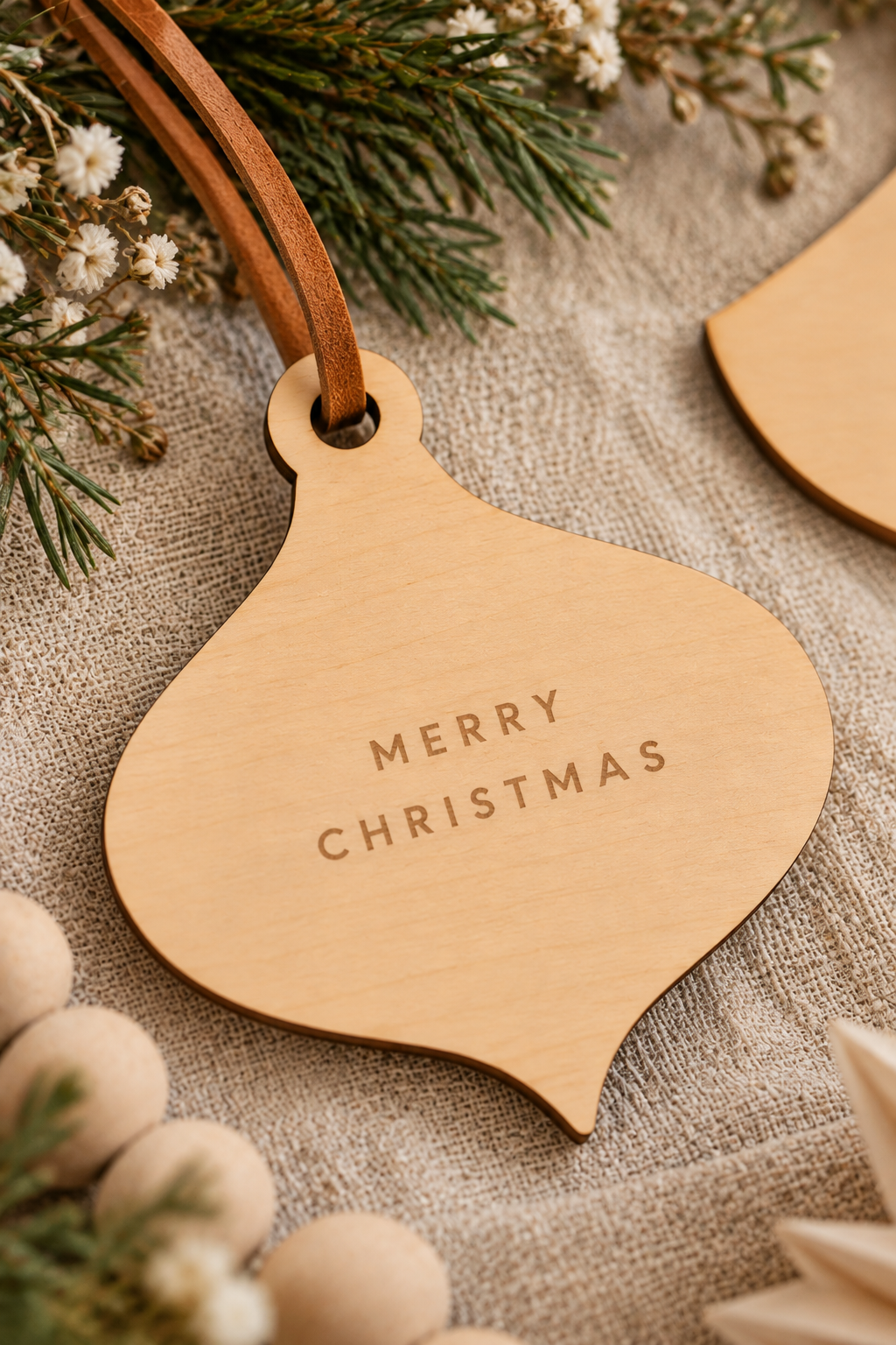 Wooden Engraved Merry Christmas Ornaments Set of 5