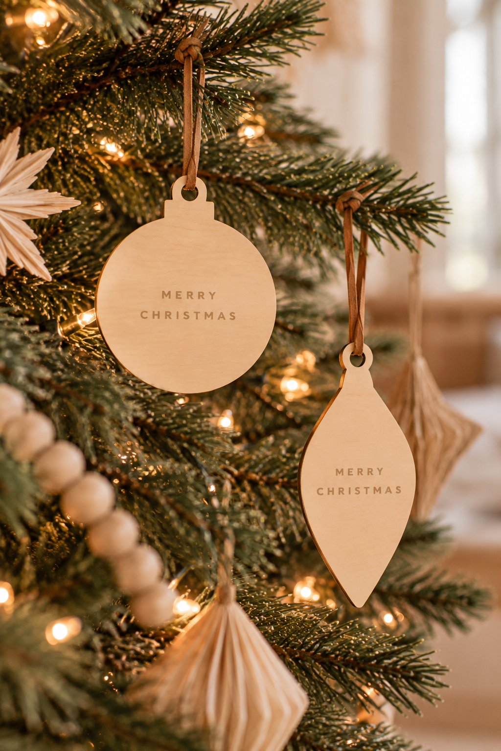 Wooden Engraved Merry Christmas Ornaments Set of 5_ON Christmas Tree