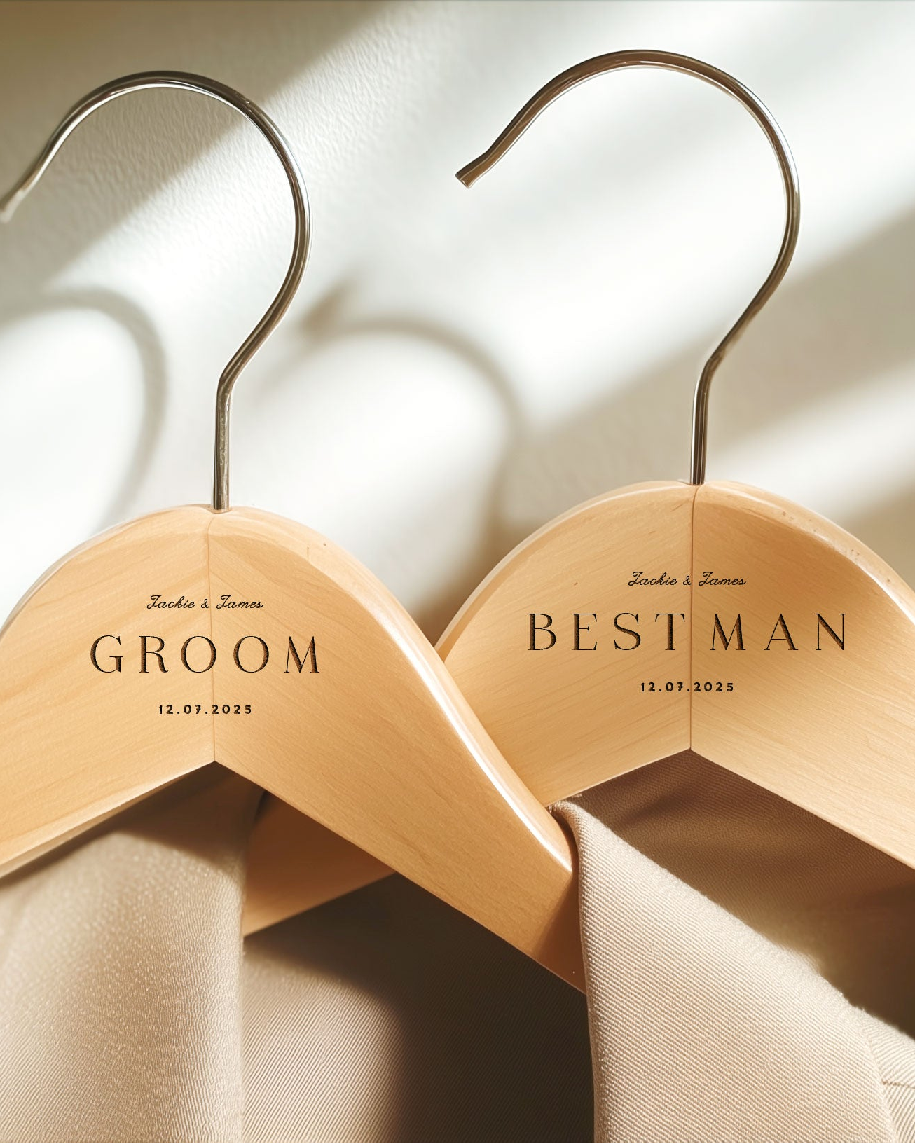 engraved wooden coat hangers, bride and groom, wedding details