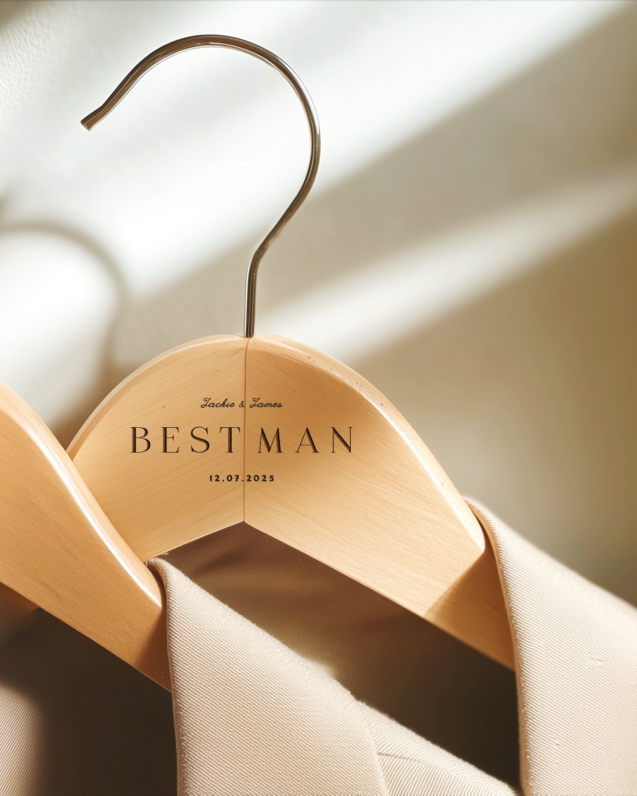 engraved wooden coat hangers, personalised wedding details